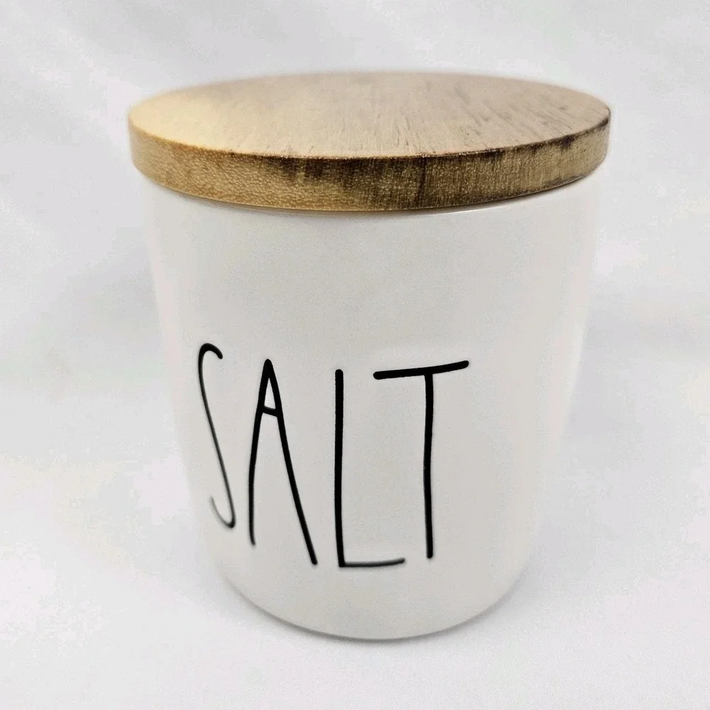 Rae Dunn Ceramic Salt Cellar Canister with Wooden Lid Farmhouse Decor White